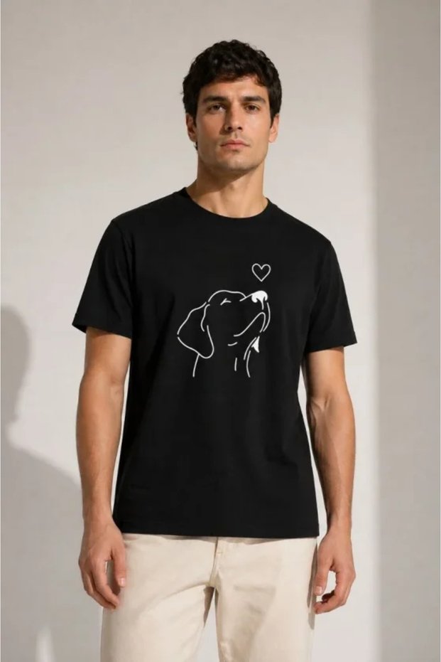 Men's Minimal Printed T-Shirt with Dog Figure Short Sleeve Summer T-Shirt - Black