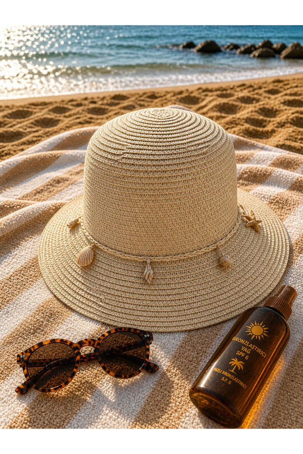 Women's Straw Beach Hat with Shell Detail