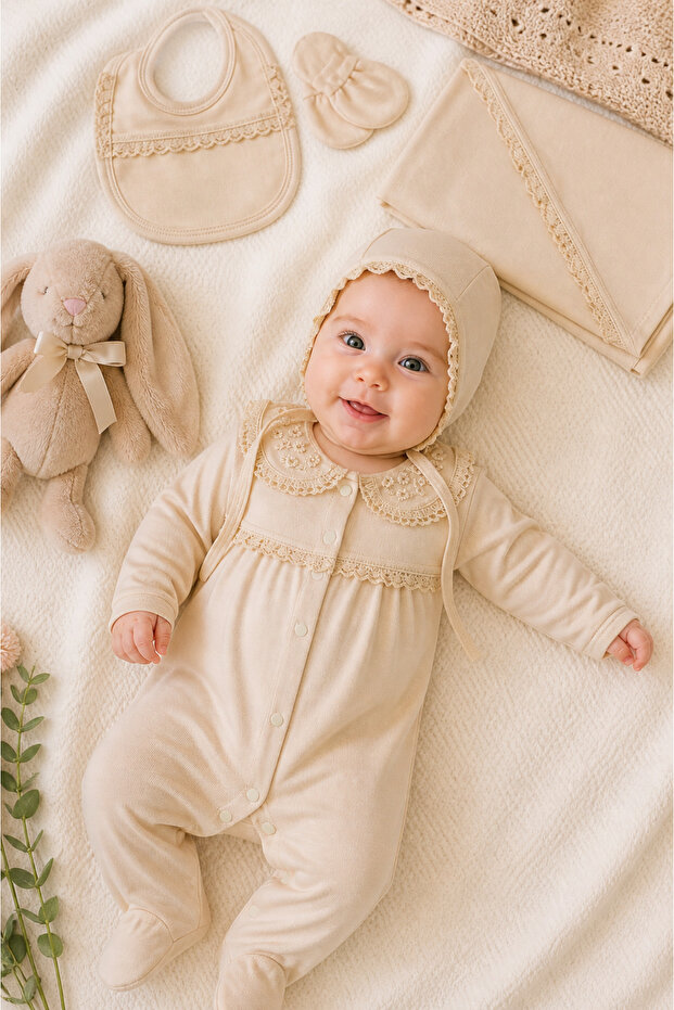 Ecru Lace Newborn Blanket 5 Piece Hospital Discharge Set 0-3 Months