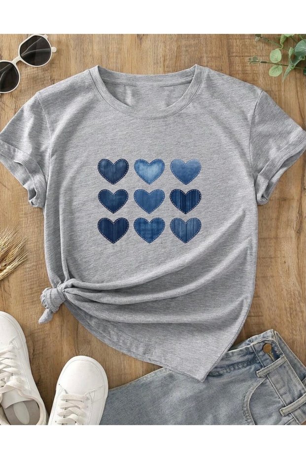 New Season Oversize Girls' Stylish T-Shirt with Blue Hearts Print