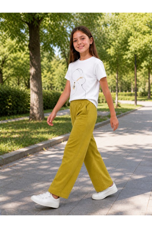 50905-26 Girls' Wide-Leg Pants and Printed White T-Shirt Set Comfortable Casual Summer Outfit