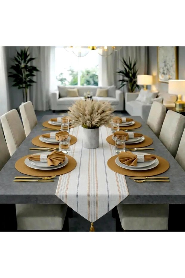 American Service Set, New Season, 6 Gold Supla Napkins, 6 Gold Napkin Rings, 6 Napkin Rings and Runner Cover Border Tk