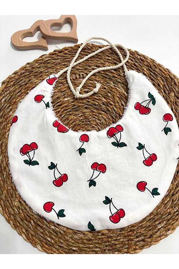 Baby Bib, Cherry Patterned, 100% Cotton Towel and Poplin Fabric