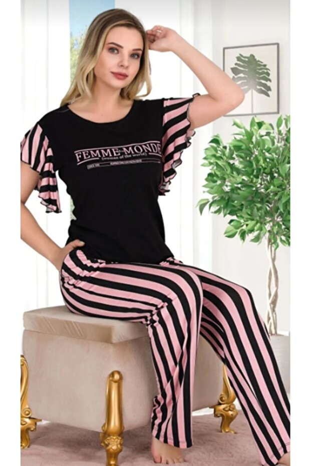 Ruffle Sleeve Striped Tracksuit Pajama Set