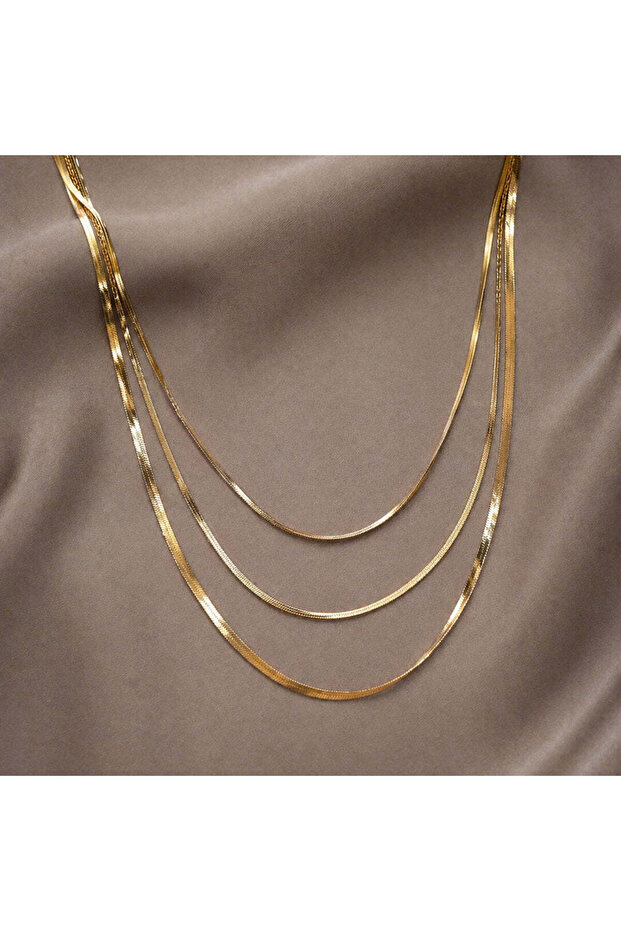 Kly-1015 Gold Triple Italian Chain Flat Necklace