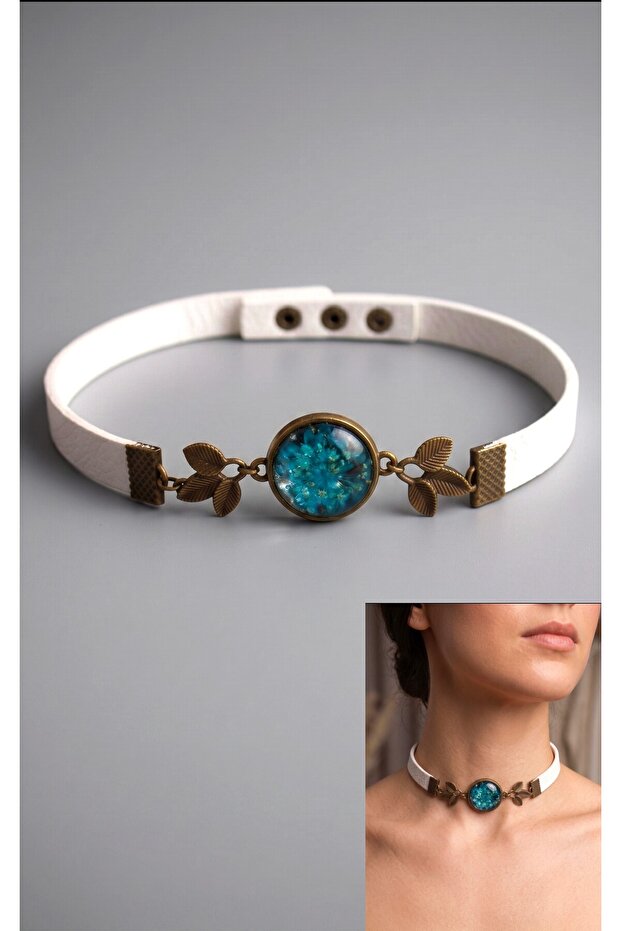 Genuine Leather Choker Necklace with Real Flowers
