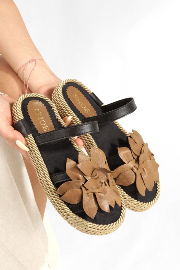 Women's Leather Floral Detailed Side Rope Wrapped Ready-To-Wear Sandals