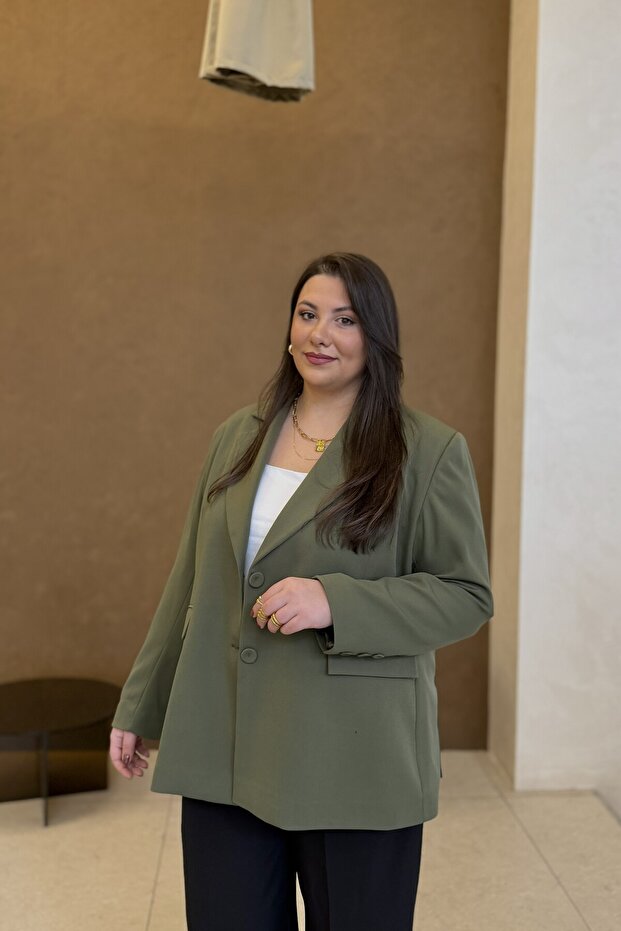 Plus Size Women's Oversized Lined Blazer Jacket - Khaki