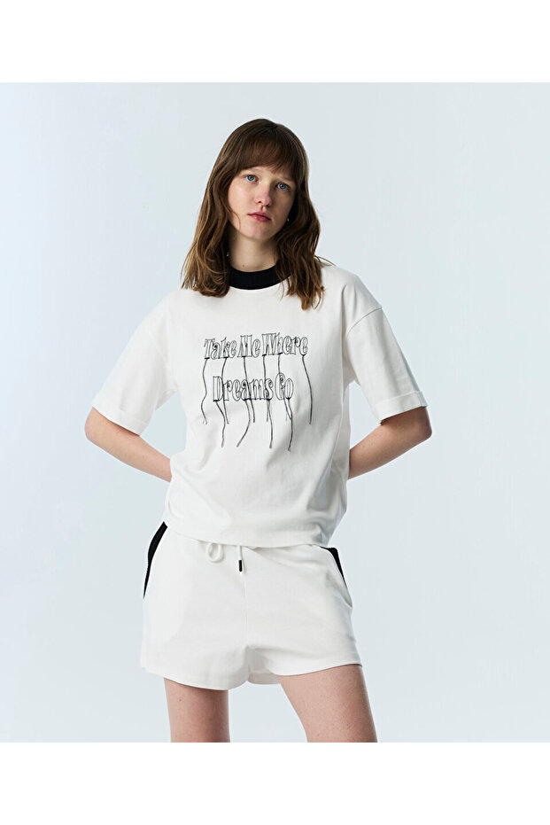 Contrast Embroidered T-Shirt with Tassels