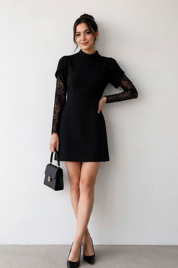 Women's Short Dress with Lace Sleeves