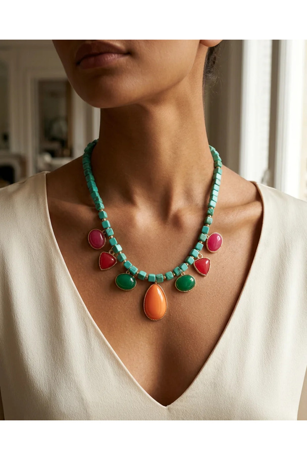 Women's Vintage Necklace with Blue Turquoise Beads and Gold Detail, Colorful Summer Style