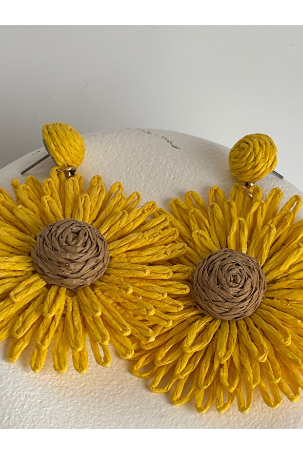 Yellow Brown Flower Straw Earrings (7 cm)