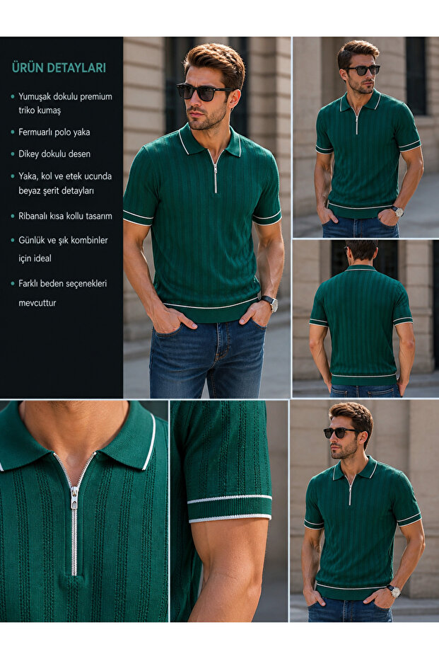 Men's Zippered Polo Collar Knitwear T-Shirt Modern Cut Stylish Design