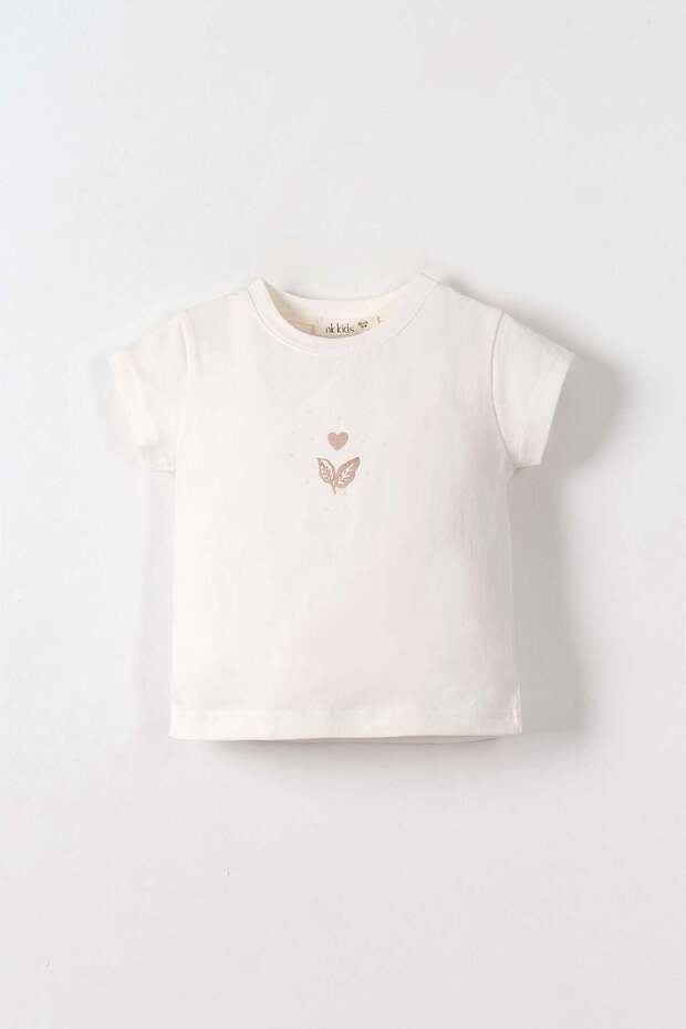 Nk Baby Girl Heart Printed Short Sleeve T-Shirt 1-4 Years Ecru - Dried Rose