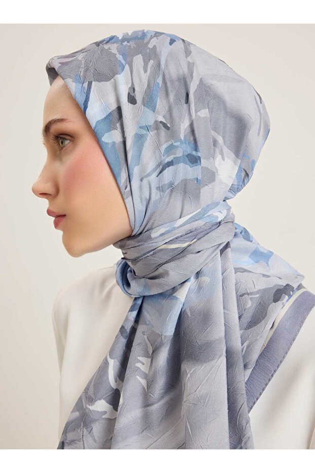 Kraşlı Gray Blue Patterned Scarf - - 4