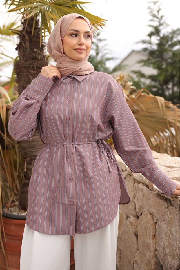 Mink Waist-Tied Striped Casual Shirt