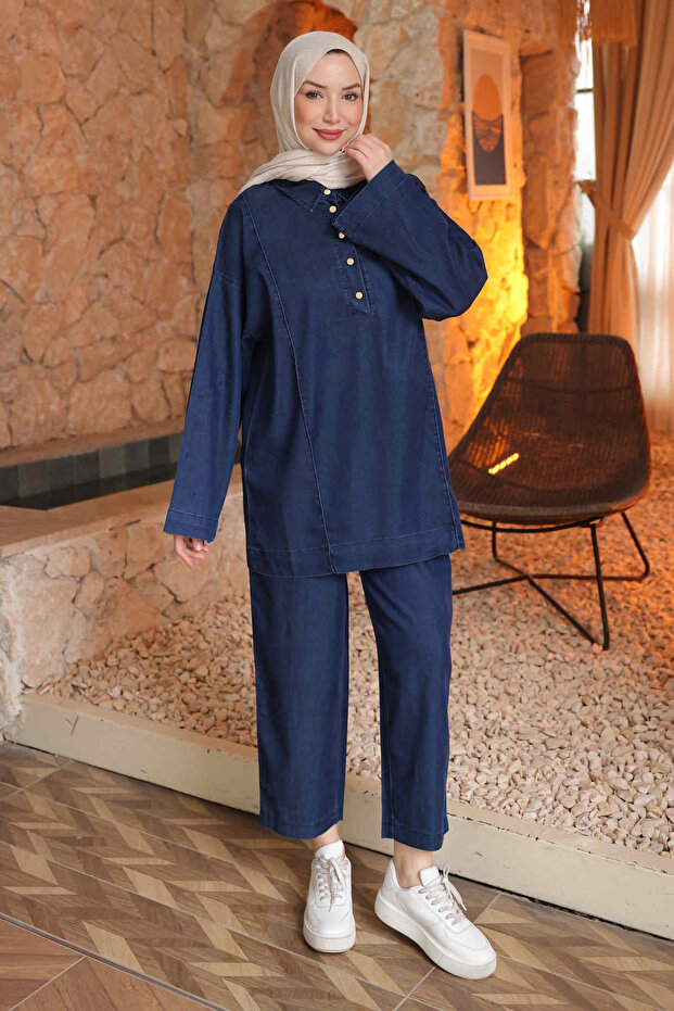 Navy Blue Collared Buttoned Tunic and Trousers Set