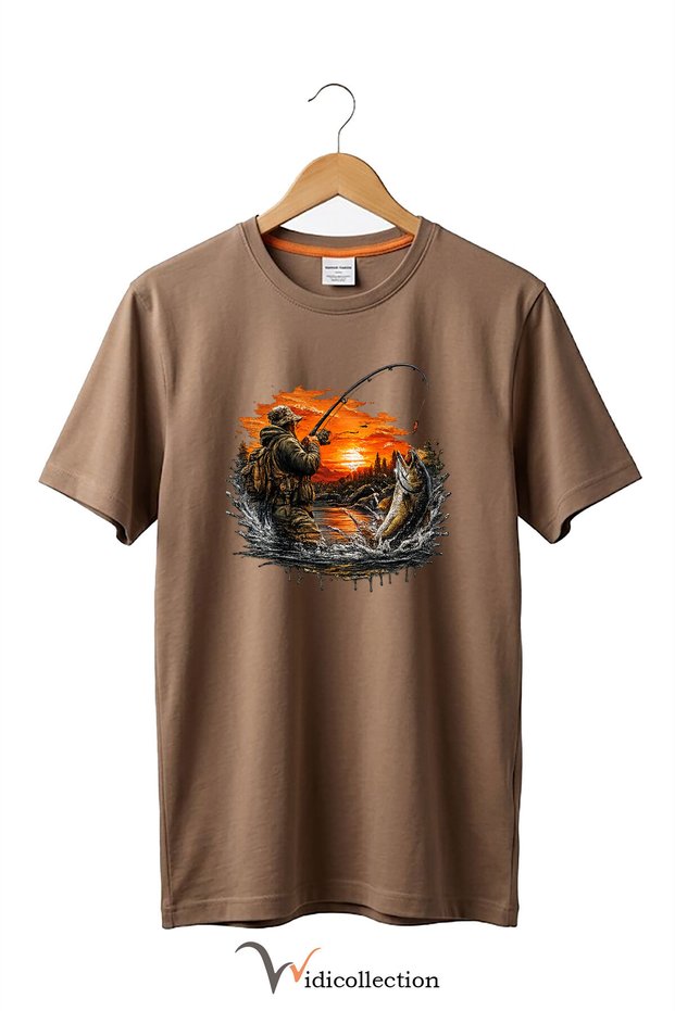 Pike Fish Fisherman Pike Sunset and Nature View Sporty Outdoor 100% Cotton Basic T-Shirt