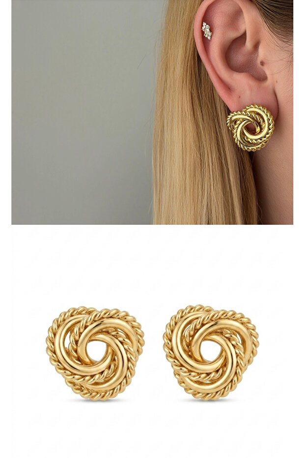 Brand model gold woven detail button earring