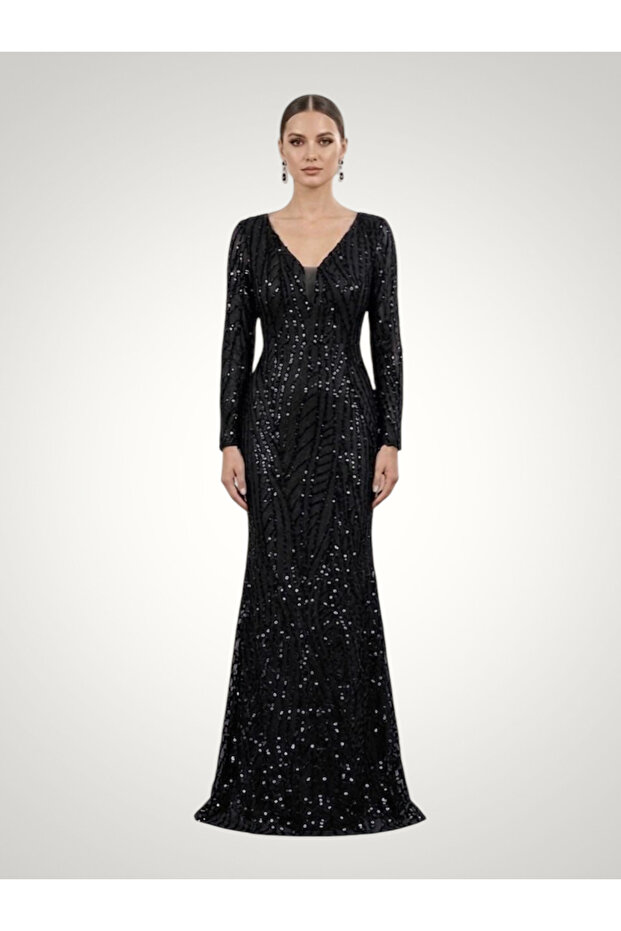 V-Neck Floor-Length Geometric Sequin Embroidered Long Sleeve Evening Dress