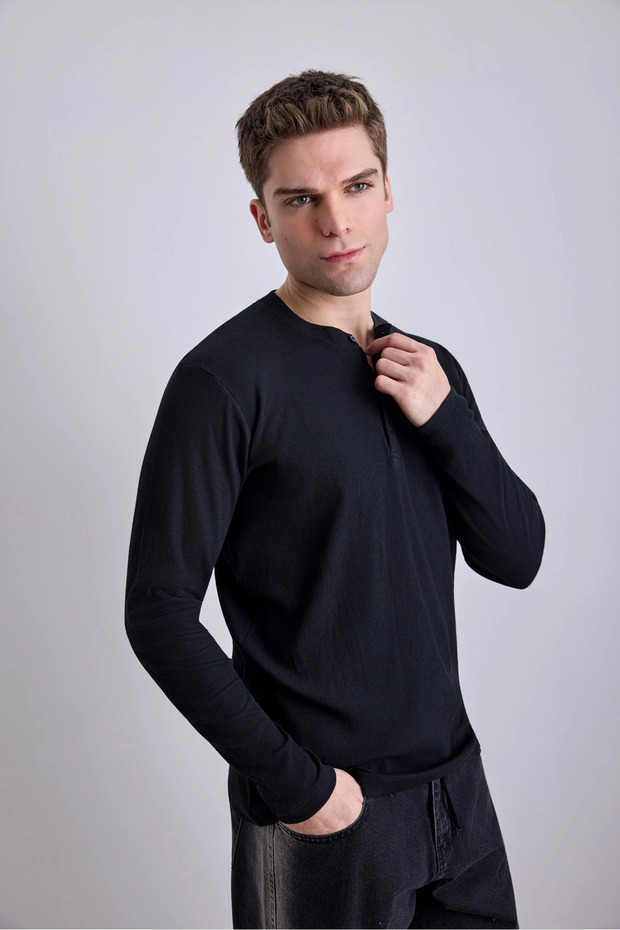 Buttoned Ribbed Cotton Basic Long Sleeve T-Shirt