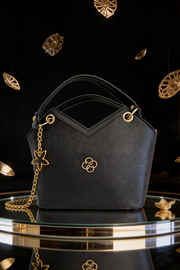Women's Hand and Shoulder Bag Stylish Bag with Gold Flower Accessories