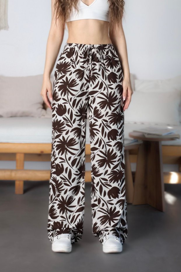 Women's Floral Patterned High Waist Viscose Fabric Elastic Waist Trousers