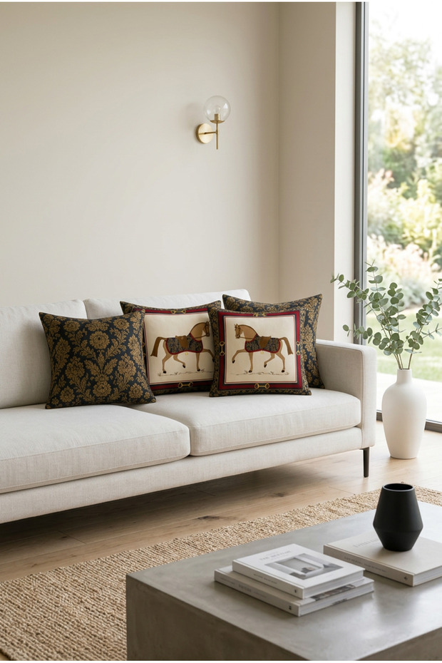 Vintage Horse Figured Baroque Patterned Luxury Throw Pillow Cover Set of 4 Classic Living Room Decorative Pillows