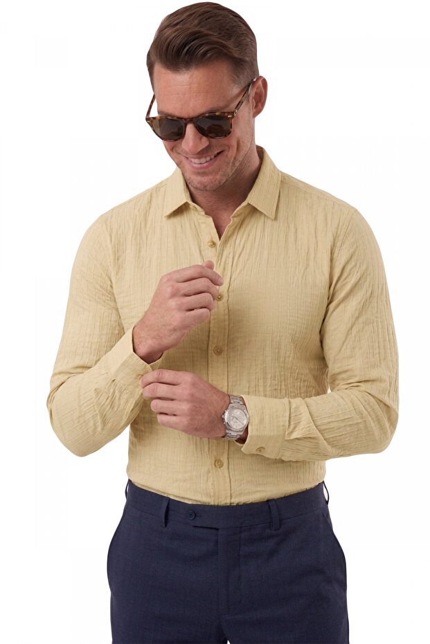 Beige Striped Textured Wrinkle-Resistant Comfortable Fit Men's Shirt 2602607