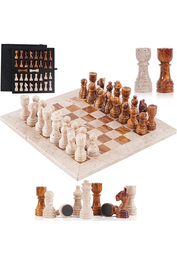 Marble Chess Set 12 Inch Handmade Travertine & Red Board Game - Tabletop & Home Décor