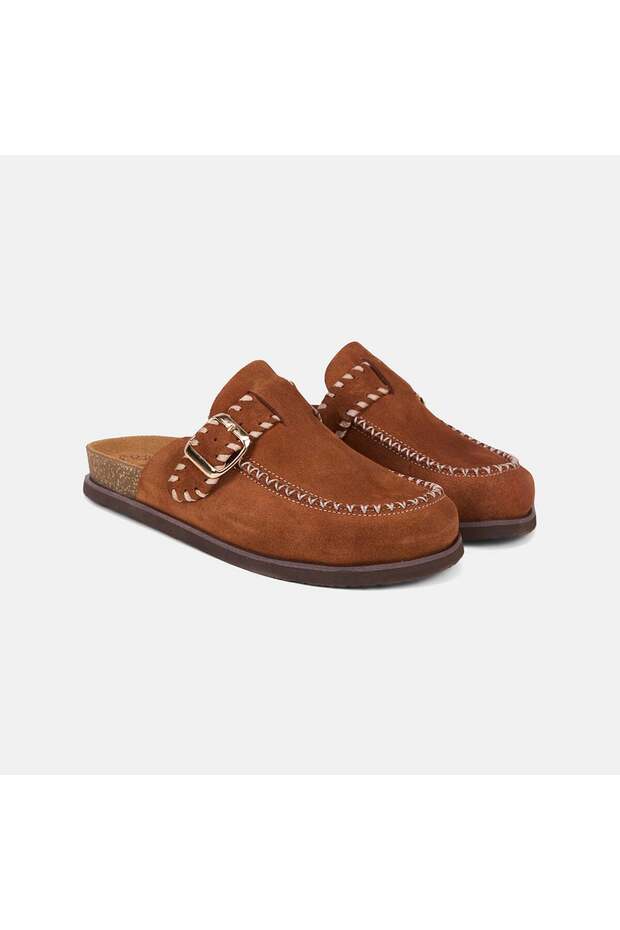Women's Tan Buckle Suede Sabo Slippers with Sewing Detail