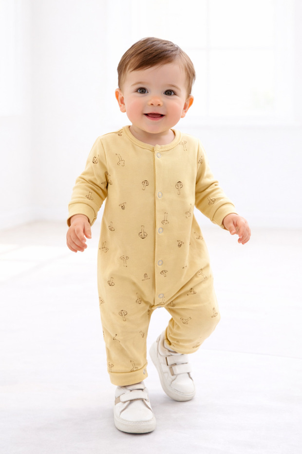 Isyis Baby Mushroom Patterned Snap Fastener Long Sleeve Jumpsuit