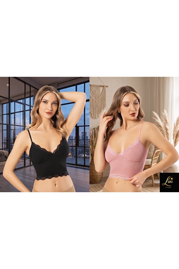 Crop Blouse Set with Straps, Lace and Padded Bustier Bralet, 95% Cotton