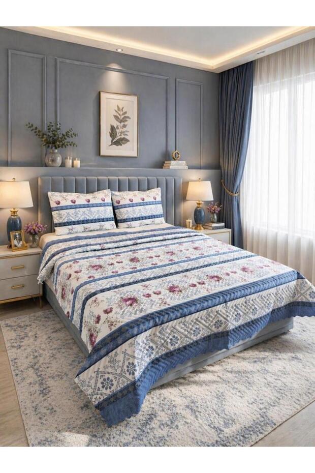 Ultrasonic Quilted Rossera Double Pique Set 195X235 cm Blue
