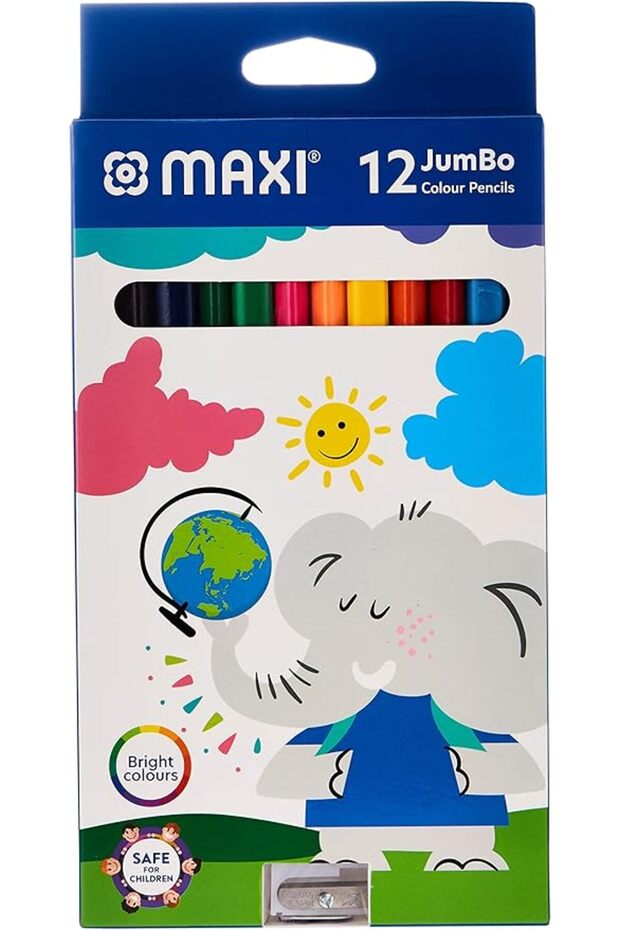 Jumbo Jumbo Ergonomic Triangular Coloured Pencils 12 Colour + Jumbo Sharpener In A Cardboard Box