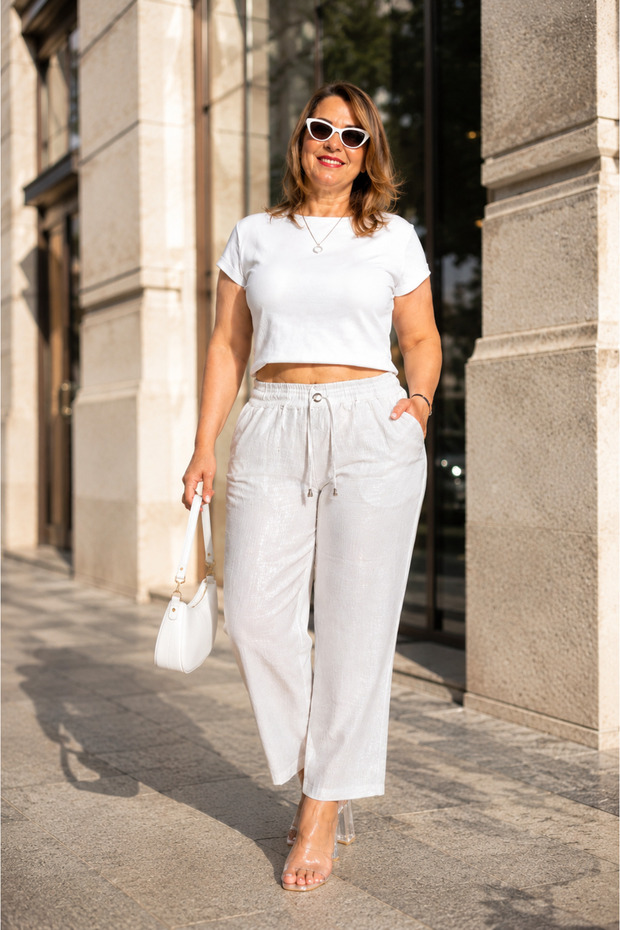 Plus Size Elastic Waist Glittery Lace-Up Mom Women's Trousers