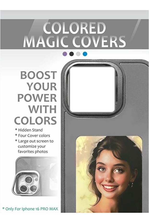 Magic screen case for iPhone 16 Pro Max, customizable, one-touch image as you want, without consuming phone battery (Gray)