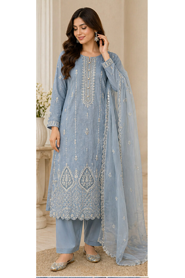 Celeste Mist Sky Blue Embroidered Festive Pret – 3PC Set