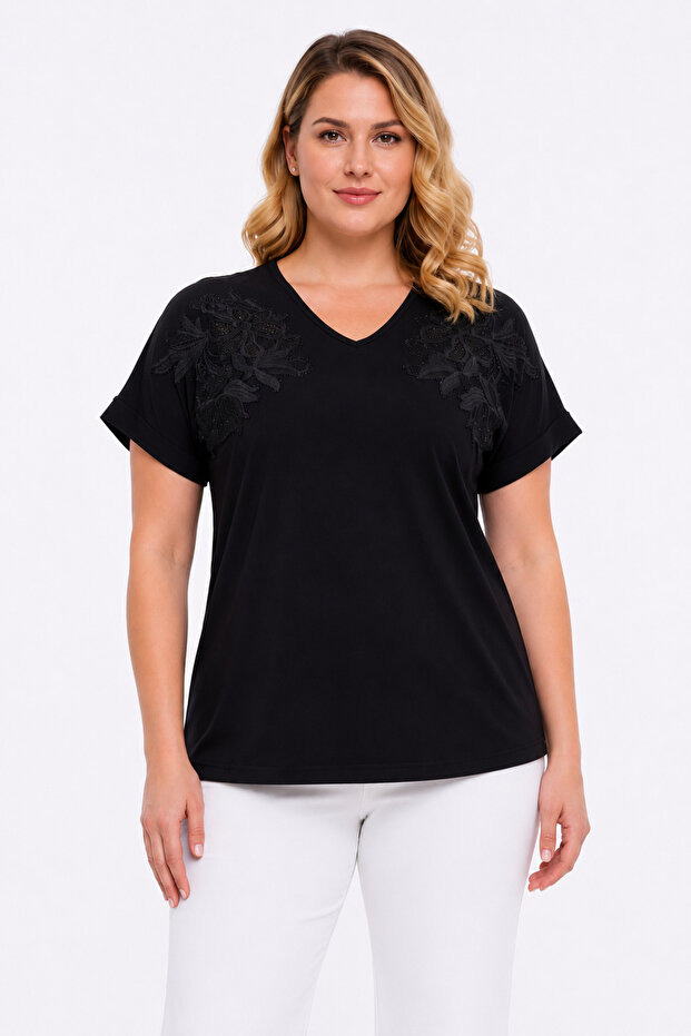 Women's Plus Size Black, Embroidered and Stone Detailed Shoulder, V-Neck Low Sleeve Blouse 65N39503