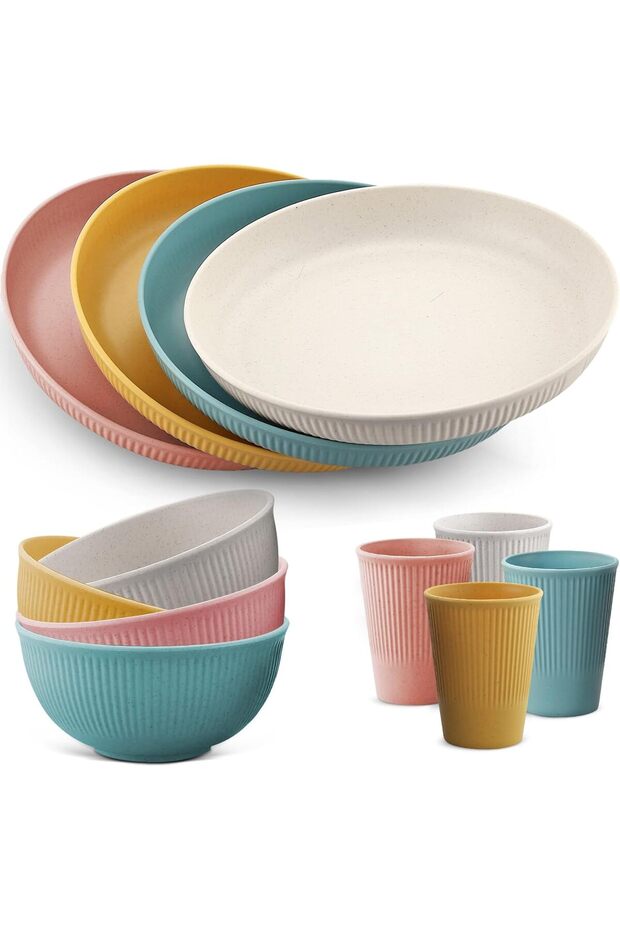 12Pcs Plastic Plates and Bowls Sets Unbreakable Picnic Dinner Set for 4 Camping Plates and Bowls Set Colourful Camping Crockery Sets Lightweight Camping Plates and Cutlery Set for Home Picnic e
