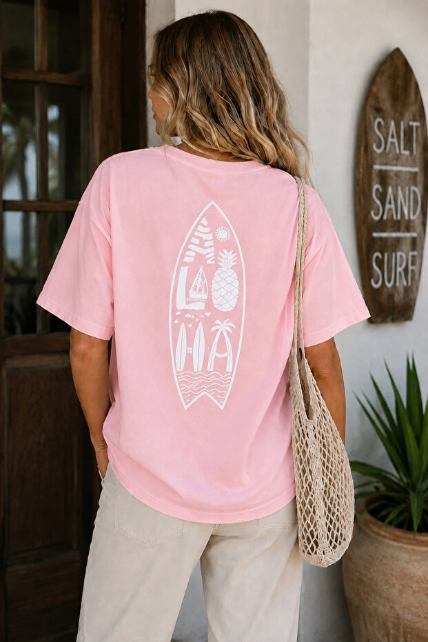 Surfboard Back Print Unisex Oversize T-Shirt – Cotton Crew Neck Casual T-Shirt