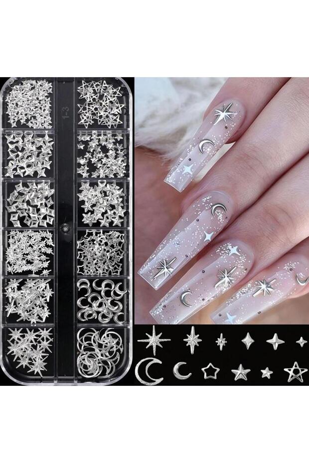 2 12Grids 3D Silver Heart Bow Butterfly Nail Charms Y2K Metallic Star Moon Nail Rivet Studs DIYVale.