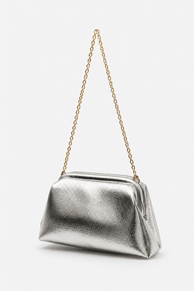 Textured Hand and Shoulder Bag with Chain Strap Silver