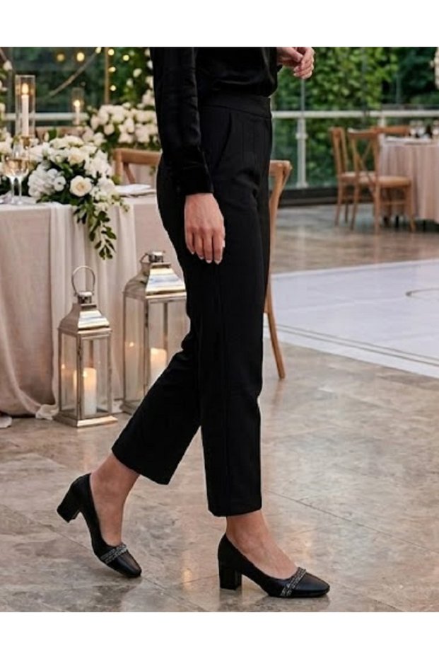 Women's Black Stone Shiny Daily Anatomical Stylish Evening Dress Cup Short Thick Heeled Laceless Mother Shoes