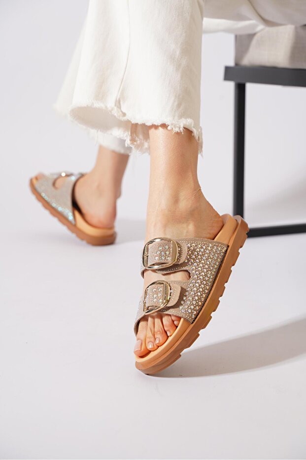 Urena beige genuine leather women's slippers with double buckle strap
