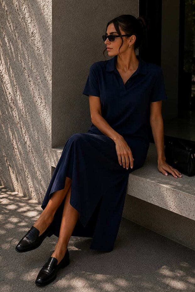 Women's Polo Collar Basic Maxi Dress with Slit Detail, Loose Casual Comfortable Dress My3535