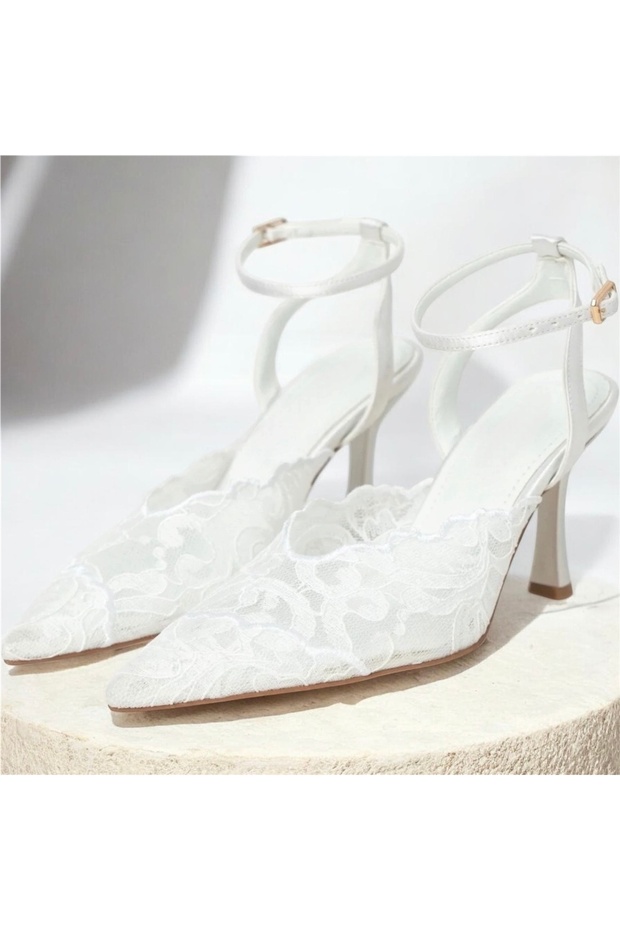 Lace Embroidery Detail Pointed Ankle-Strap High Heels
