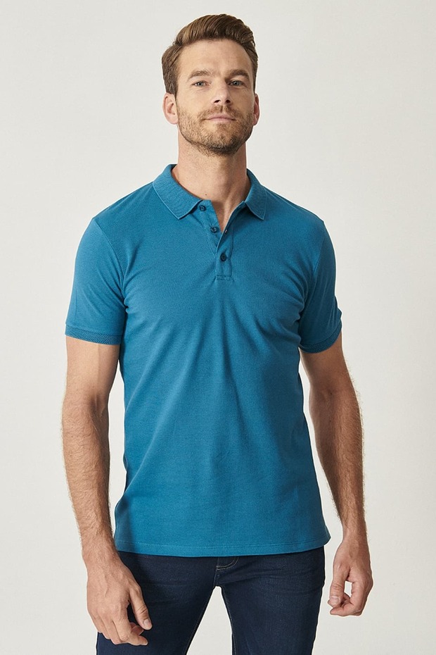 Non-Curling Pique Polo Collar Men's Aviator Blue T-Shirt