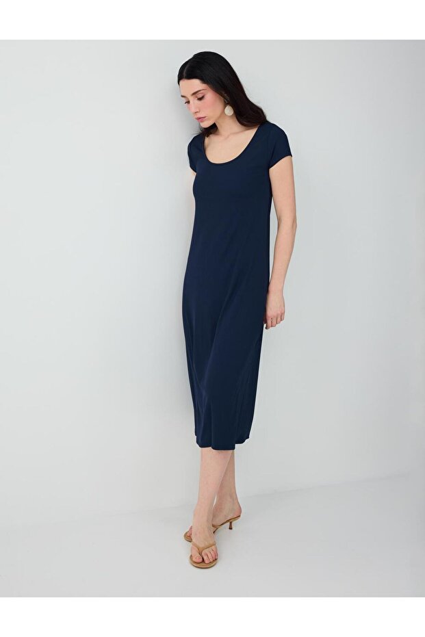 Navy Blue U-Neck Short Sleeve Midi Knitted Dress