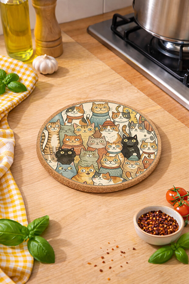 Cat Patterned Cork Trivet Pot Pan Mat 19cm Diameter 1cm Thickness